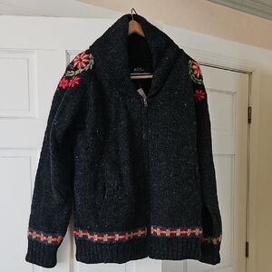 Sundance Catalog Lost Horizons Wool Embroidered Zipper Fleece Lined Cardigan L
